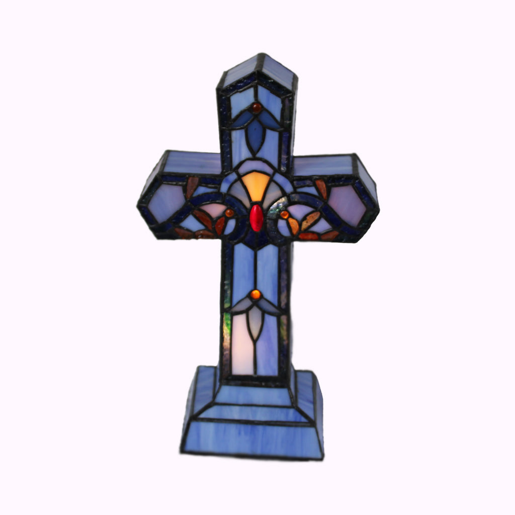 Blue Baroque Cross Tiffany Accent Lamp